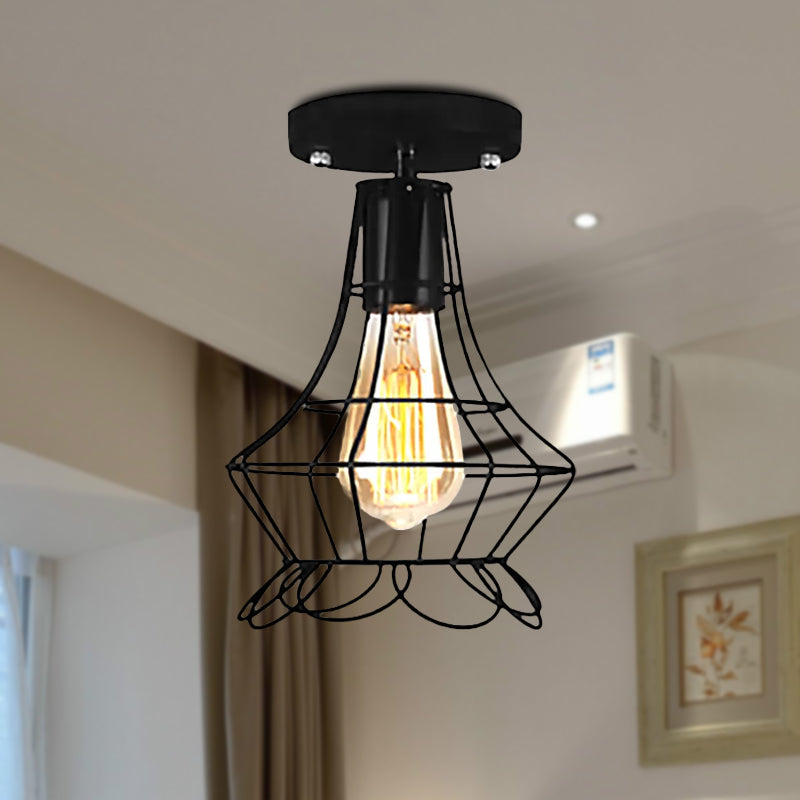 Global/Barrel Iron Semi Flush Mount with Wire Guard Farmhouse Style 1 Light Coffee Shop Ceiling Light in Black Clearhalo 'Ceiling Lights' 'Close To Ceiling Lights' 'Close to ceiling' 'Semi-flushmount' Lighting' 1418590