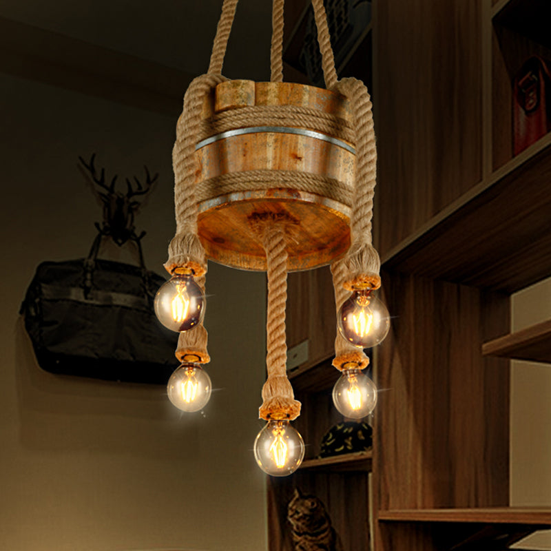 Drum Shape Chandeliers Five-light Retro Style Wood Hanging Lights in Beige Color for Agritainment Clearhalo 'Ceiling Lights' 'Chandeliers' Lighting' options 1418631