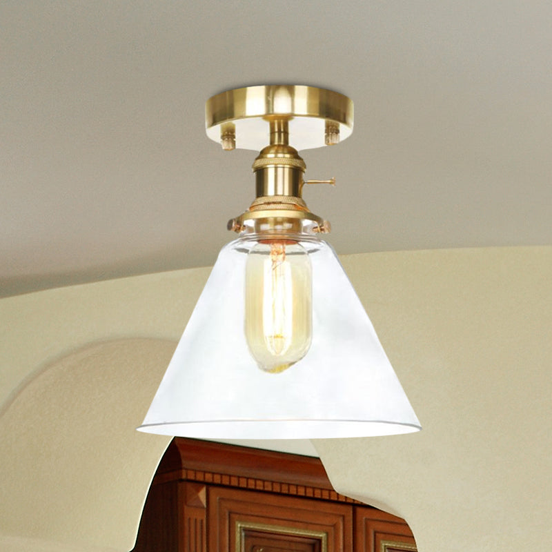1 Light Ceiling Light Fixture with Cone/Saucer/Bell Shade Clear/Amber Glass Industrial Living Room Semi Flush Clearhalo 'Ceiling Lights' 'Close To Ceiling Lights' 'Close to ceiling' 'Glass shade' 'Glass' 'Pendant Lights' 'Semi-flushmount' Lighting' 1418632