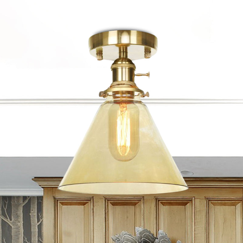 1 Light Ceiling Light Fixture with Cone/Saucer/Bell Shade Clear/Amber Glass Industrial Living Room Semi Flush Clearhalo 'Ceiling Lights' 'Close To Ceiling Lights' 'Close to ceiling' 'Glass shade' 'Glass' 'Pendant Lights' 'Semi-flushmount' Lighting' 1418633