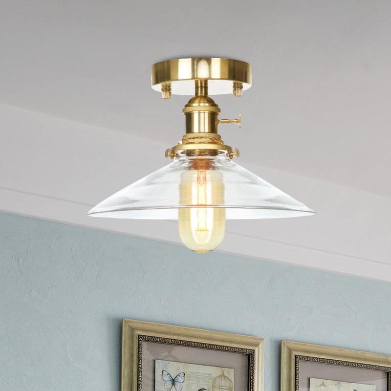 1 Light Ceiling Light Fixture with Cone/Saucer/Bell Shade Clear/Amber Glass Industrial Living Room Semi Flush Clearhalo 'Ceiling Lights' 'Close To Ceiling Lights' 'Close to ceiling' 'Glass shade' 'Glass' 'Pendant Lights' 'Semi-flushmount' Lighting' 1418634