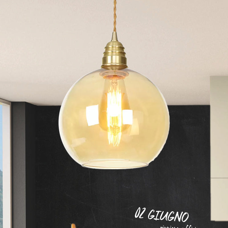 Industrial Global Pendant Lighting 1 Light Amber Glass Hanging Ceiling Light in Brass, 8" /10" /12" Wide Clearhalo 'Ceiling Lights' 'Glass shade' 'Glass' 'Industrial Pendants' 'Industrial' 'Middle Century Pendants' 'Pendant Lights' 'Pendants' 'Tiffany' Lighting' 1418659