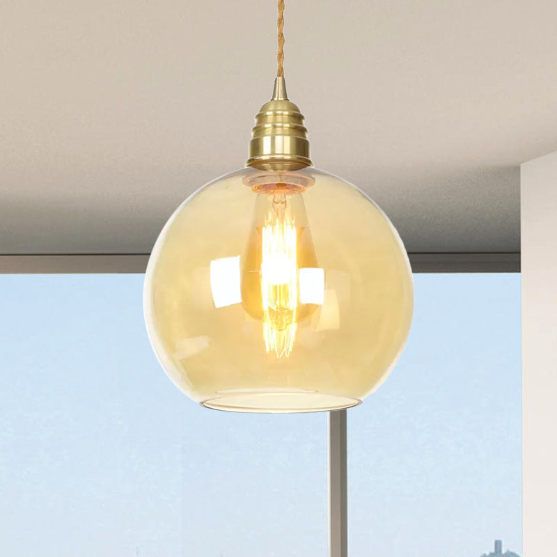 Industrial Global Pendant Lighting 1 Light Amber Glass Hanging Ceiling Light in Brass, 8" /10" /12" Wide Clearhalo 'Ceiling Lights' 'Glass shade' 'Glass' 'Industrial Pendants' 'Industrial' 'Middle Century Pendants' 'Pendant Lights' 'Pendants' 'Tiffany' Lighting' 1418660