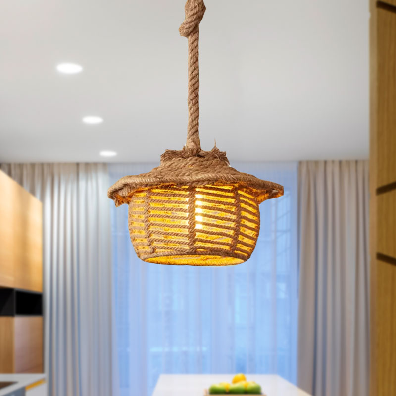Hemp Rope House Suspended Light Lodge Stylish 1 Light Coffee Shop Ceiling Light Fixture in Beige Clearhalo 'Ceiling Lights' 'Industrial Pendants' 'Industrial' 'Middle Century Pendants' 'Pendant Lights' 'Pendants' 'Tiffany' Lighting' 1418673