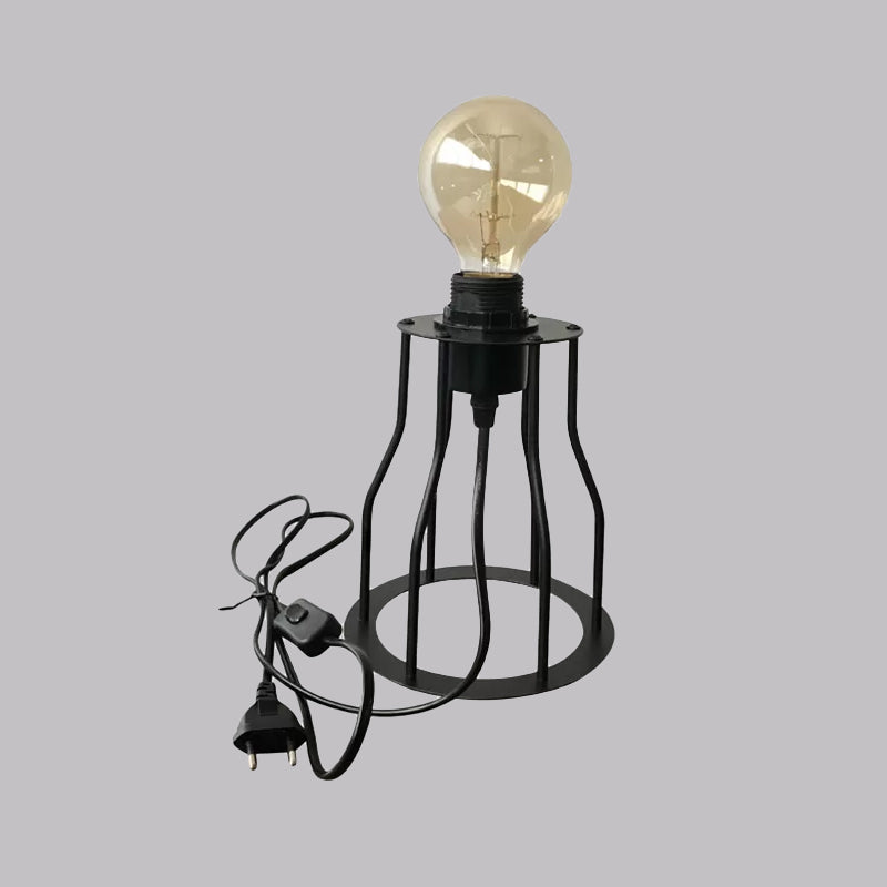 1 Head Table Lamp Industrial Stylish Cylinder/Barrel Metal Table Light with Cage Base in Black for Coffee Shop Clearhalo 'Lamps' 'Table Lamps' Lighting' 1418695