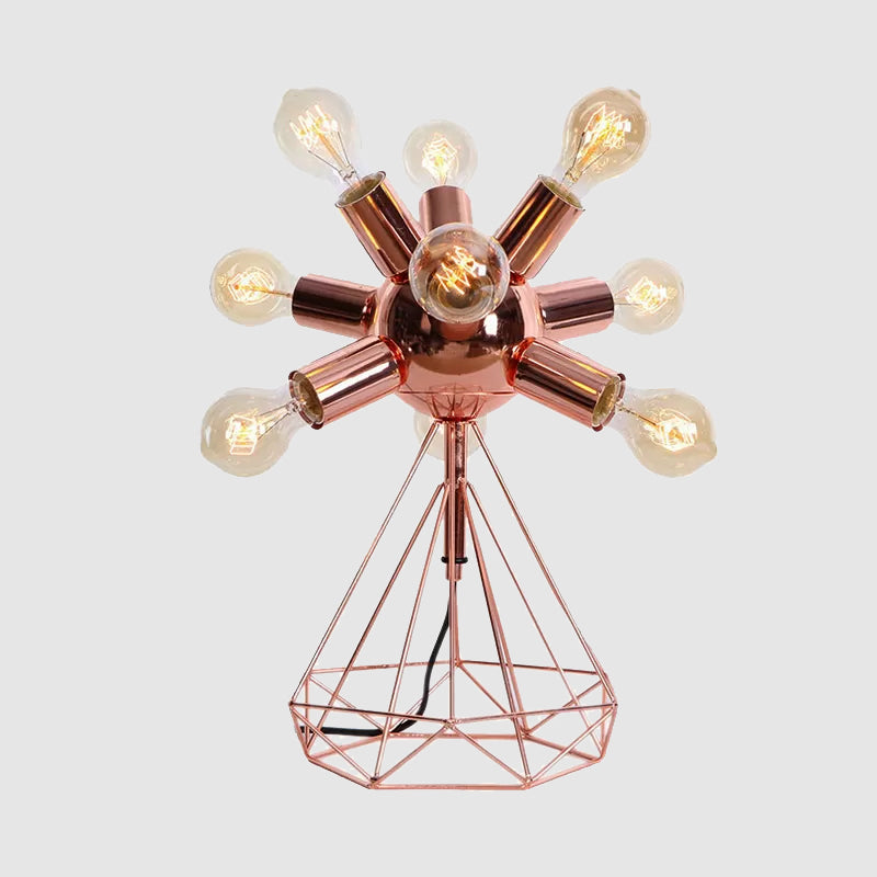 6/9-Head Table Lighting Retro Style Bare Bulb Metal Table Lamp with Diamond Base in Copper for Bedroom Clearhalo 'Lamps' 'Table Lamps' Lighting' 1418698