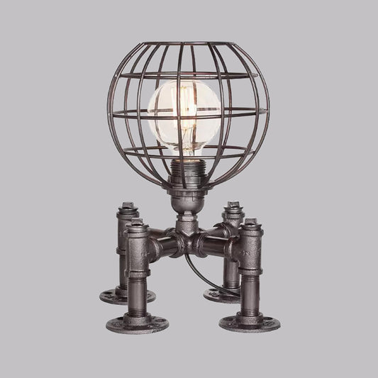 1-Light Global Cage Table Lamp Farmhouse Style Aged Silver/Bronze Wrought Iron Table Light with Piped Base Clearhalo 'Lamps' 'Table Lamps' Lighting' 1418702