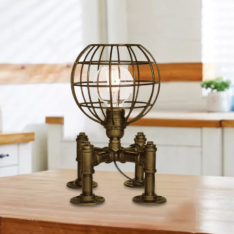 1-Light Global Cage Table Lamp Farmhouse Style Aged Silver/Bronze Wrought Iron Table Light with Piped Base Clearhalo 'Lamps' 'Table Lamps' Lighting' 1418703