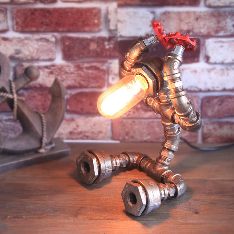 Wrought Iron Robot Table Light with Water Valve Steampunk 1 Bulb Coffee Shop Table Lamp in Silver Clearhalo 'Lamps' 'Table Lamps' Lighting' 1418719