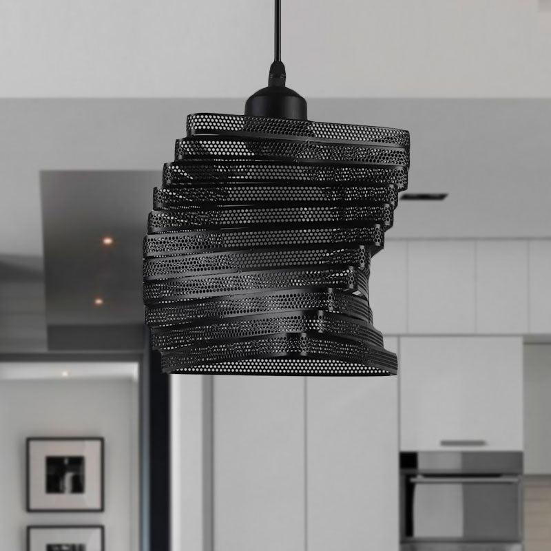 1 Bulb Twist Mesh Screen Pendant Light Industrial Black/White Metal Hanging Lamp with Triangle Shade Clearhalo 'Art Deco Pendants' 'Black' 'Cast Iron' 'Ceiling Lights' 'Ceramic' 'Crystal' 'Industrial Pendants' 'Industrial' 'Metal' 'Middle Century Pendants' 'Pendant Lights' 'Pendants' 'Rustic Pendants' 'Tiffany' Lighting' 1418745