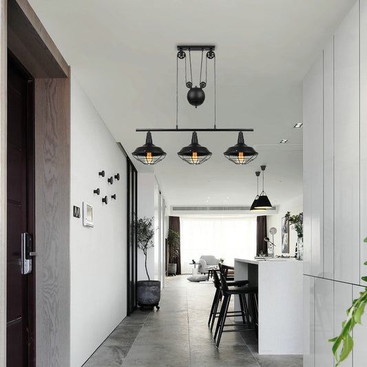 Farmhouse Barn Island Pendant 3 Lights Metallic Pendant Lighting with Cage Shade and Pulley in Black Black Clearhalo 'Ceiling Lights' 'Island Lights' Lighting' 141874