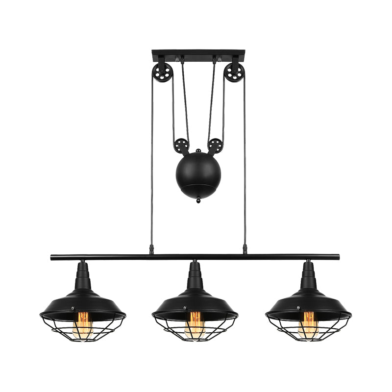 Farmhouse Barn Island Pendant 3 Lights Metallic Pendant Lighting with Cage Shade and Pulley in Black Clearhalo 'Ceiling Lights' 'Island Lights' Lighting' 141876