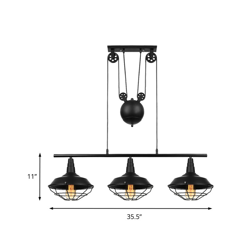 Farmhouse Barn Island Pendant 3 Lights Metallic Pendant Lighting with Cage Shade and Pulley in Black Clearhalo 'Ceiling Lights' 'Island Lights' Lighting' 141877