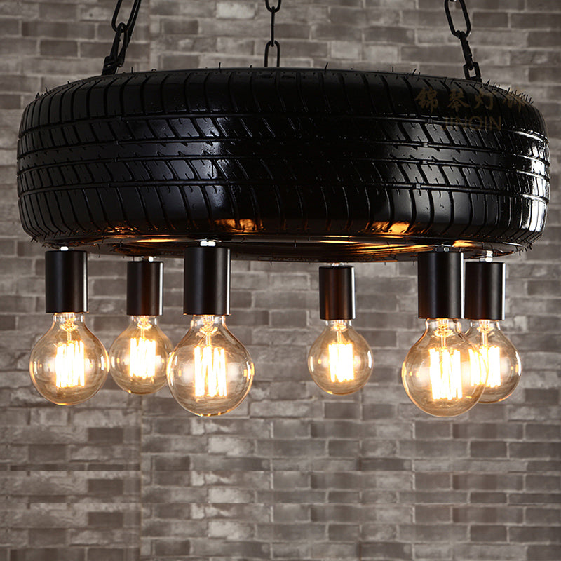 Cafe Car Tire Pendant Lamp Rubber 6 Lights Vintage Stylish Chandelier in Black Clearhalo 'Ceiling Lights' 'Chandeliers' Lighting' options 1418773