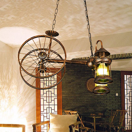 Rustic Stylish Wheel Design Hanging Lamp with Lantern Shade 2 Lights Metal Chandelier Lighting in Brass Clearhalo 'Ceiling Lights' 'Chandeliers' Lighting' options 1418777