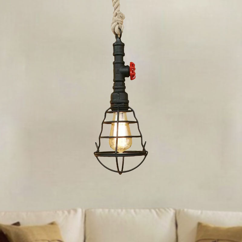 Vintage Caged Pendant Light 1 Light Metal Hanging Light with Pipe and Rope Cord in Black Finish for Bar Clearhalo 'Art Deco Pendants' 'Black' 'Cast Iron' 'Ceiling Lights' 'Ceramic' 'Crystal' 'Industrial Pendants' 'Industrial' 'Metal' 'Middle Century Pendants' 'Pendant Lights' 'Pendants' 'Rustic Pendants' 'Tiffany' Lighting' 1418791