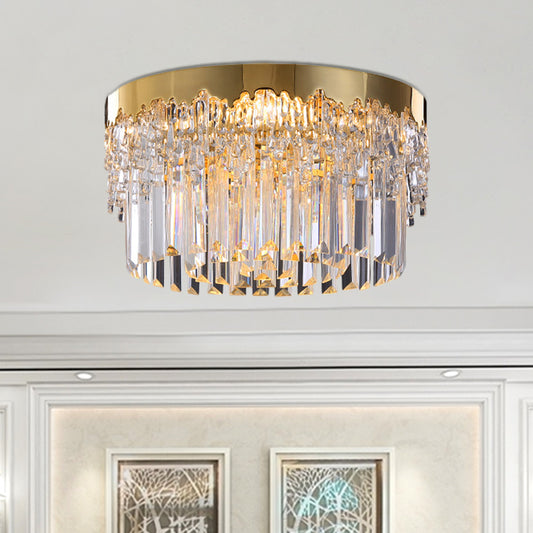 3/5/6 Heads Round Flush Light Modern Gold Finish Clear 3-Sided Crystal Rods Ceiling Mount, 14"/19"/23.5" Wide Clearhalo 'Ceiling Lights' 'Close To Ceiling Lights' 'Close to ceiling' 'Flush mount' Lighting' 1418825