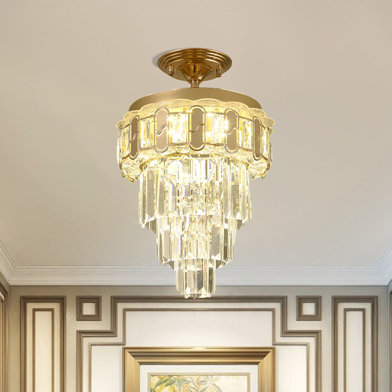 Gold Finish LED Semi Flush Contemporary Clear Crystal Prisms Tapered Ceiling Light Fixture Clear C Clearhalo 'Ceiling Lights' 'Close To Ceiling Lights' 'Close to ceiling' 'Semi-flushmount' Lighting' 1418828