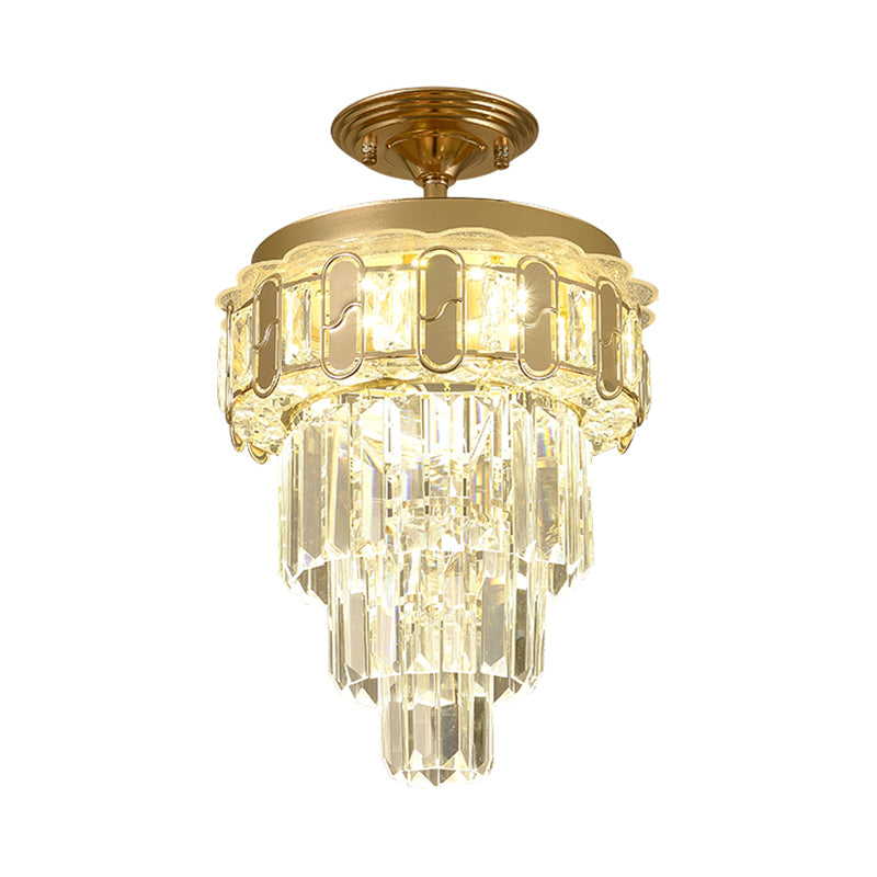 Gold Finish LED Semi Flush Contemporary Clear Crystal Prisms Tapered Ceiling Light Fixture Clearhalo 'Ceiling Lights' 'Close To Ceiling Lights' 'Close to ceiling' 'Semi-flushmount' Lighting' 1418830