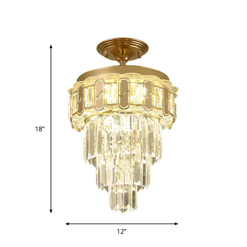 Gold Finish LED Semi Flush Contemporary Clear Crystal Prisms Tapered Ceiling Light Fixture Clearhalo 'Ceiling Lights' 'Close To Ceiling Lights' 'Close to ceiling' 'Semi-flushmount' Lighting' 1418831