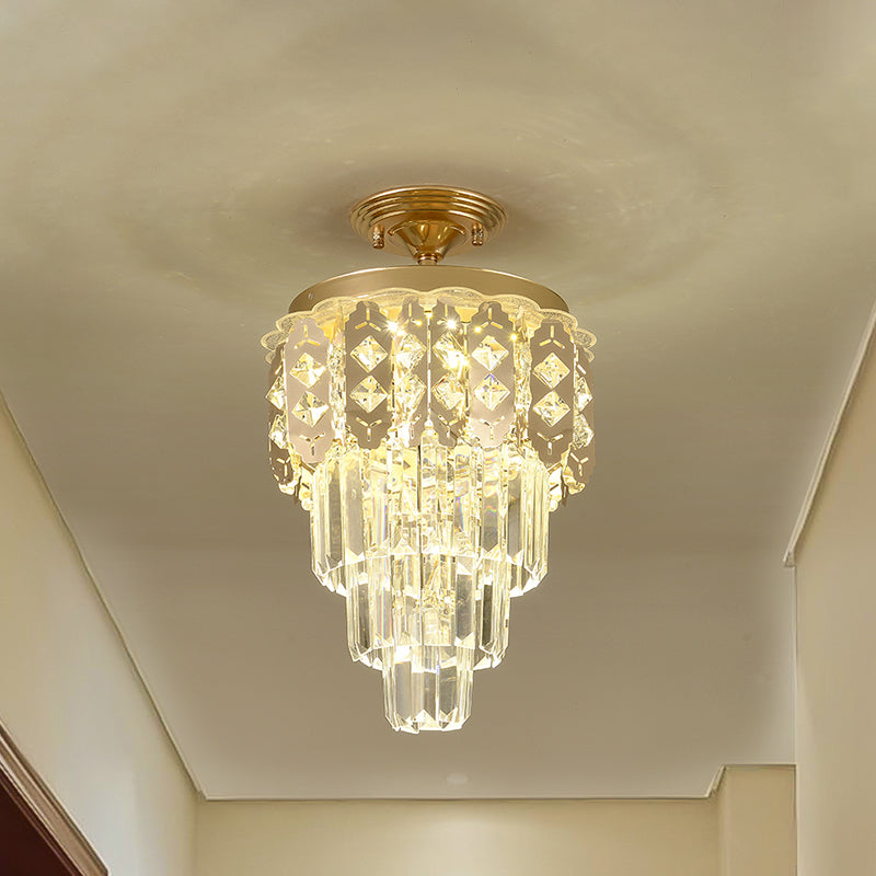 Gold Finish LED Semi Flush Contemporary Clear Crystal Prisms Tapered Ceiling Light Fixture Clearhalo 'Ceiling Lights' 'Close To Ceiling Lights' 'Close to ceiling' 'Semi-flushmount' Lighting' 1418833