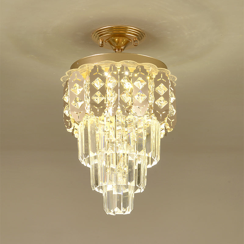 Gold Finish LED Semi Flush Contemporary Clear Crystal Prisms Tapered Ceiling Light Fixture Clearhalo 'Ceiling Lights' 'Close To Ceiling Lights' 'Close to ceiling' 'Semi-flushmount' Lighting' 1418835