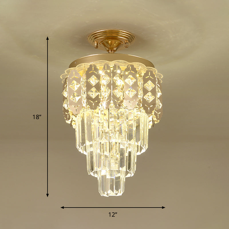 Gold Finish LED Semi Flush Contemporary Clear Crystal Prisms Tapered Ceiling Light Fixture Clearhalo 'Ceiling Lights' 'Close To Ceiling Lights' 'Close to ceiling' 'Semi-flushmount' Lighting' 1418836