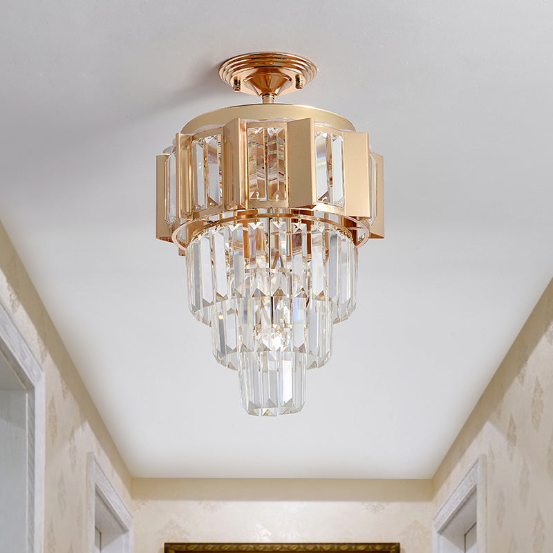 Gold Finish LED Semi Flush Contemporary Clear Crystal Prisms Tapered Ceiling Light Fixture Clear A Clearhalo 'Ceiling Lights' 'Close To Ceiling Lights' 'Close to ceiling' 'Semi-flushmount' Lighting' 1418837