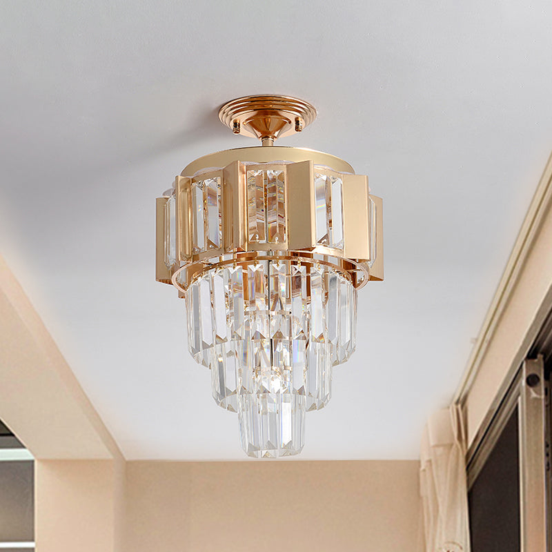 Gold Finish LED Semi Flush Contemporary Clear Crystal Prisms Tapered Ceiling Light Fixture Clearhalo 'Ceiling Lights' 'Close To Ceiling Lights' 'Close to ceiling' 'Semi-flushmount' Lighting' 1418838