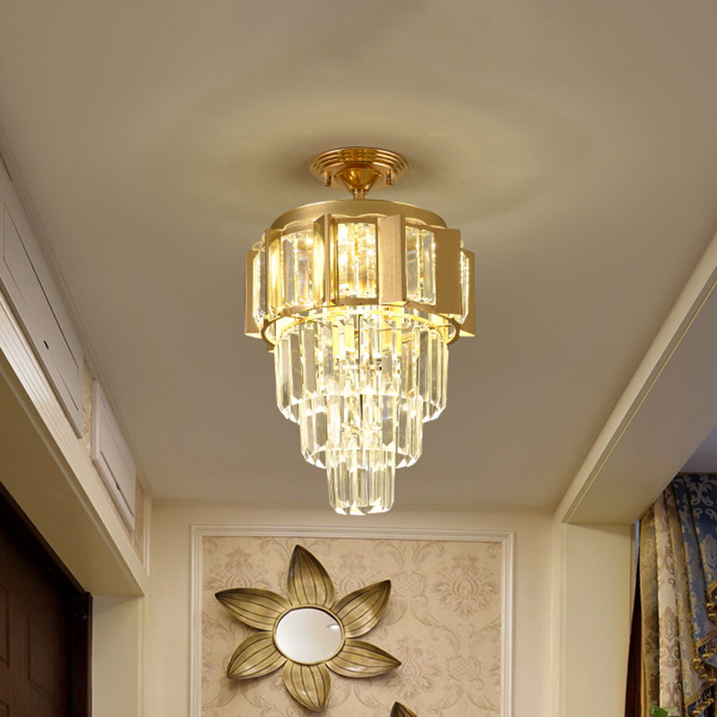 Gold Finish LED Semi Flush Contemporary Clear Crystal Prisms Tapered Ceiling Light Fixture Clearhalo 'Ceiling Lights' 'Close To Ceiling Lights' 'Close to ceiling' 'Semi-flushmount' Lighting' 1418839