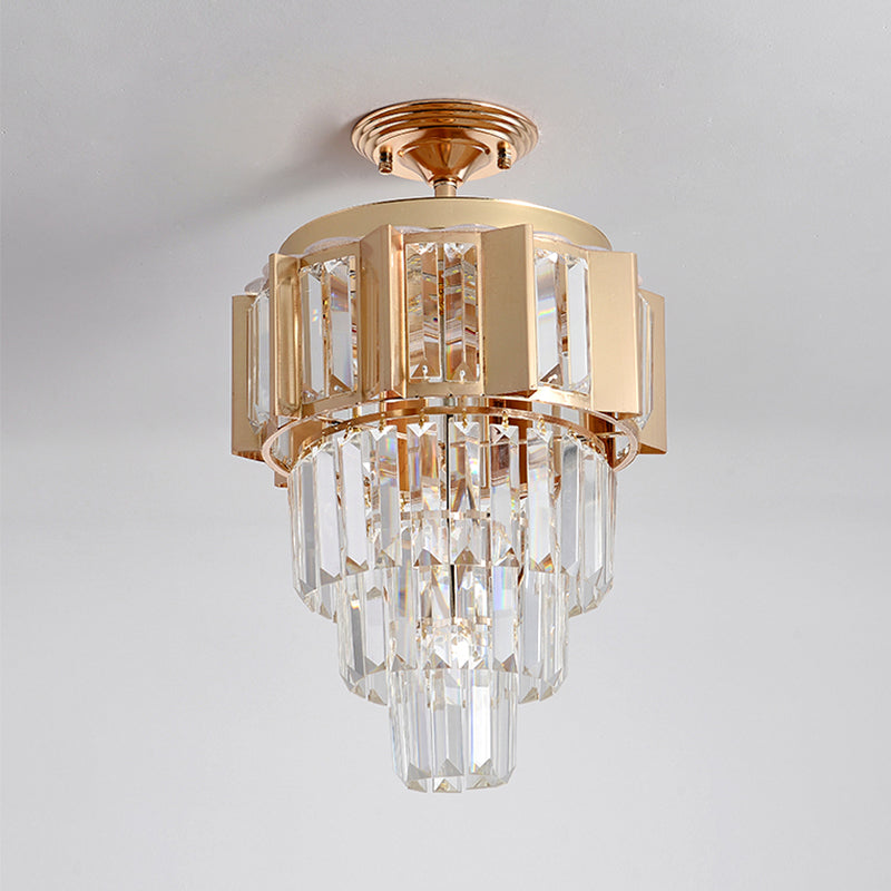 Gold Finish LED Semi Flush Contemporary Clear Crystal Prisms Tapered Ceiling Light Fixture Clearhalo 'Ceiling Lights' 'Close To Ceiling Lights' 'Close to ceiling' 'Semi-flushmount' Lighting' 1418840