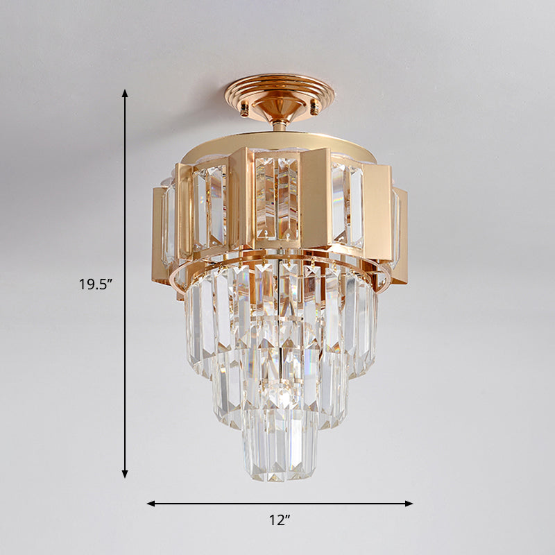 Gold Finish LED Semi Flush Contemporary Clear Crystal Prisms Tapered Ceiling Light Fixture Clearhalo 'Ceiling Lights' 'Close To Ceiling Lights' 'Close to ceiling' 'Semi-flushmount' Lighting' 1418841