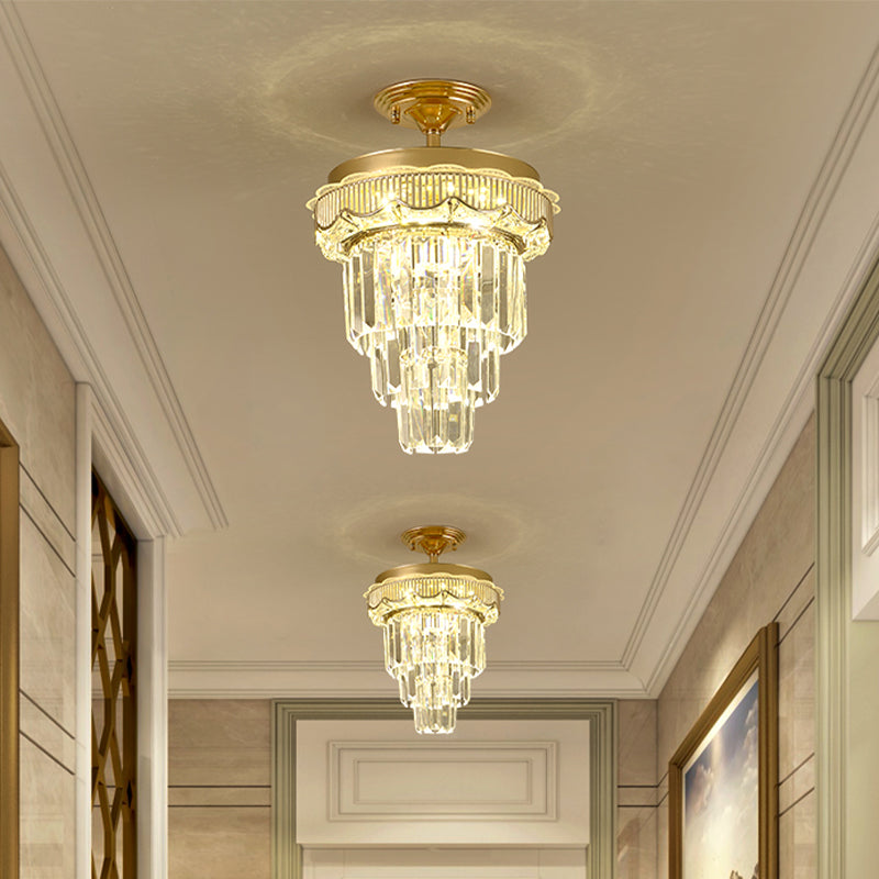 Taper Corridor Ceiling Lamp Modern Clear Crystal Blocks Gold Finish LED Semi Mount Lighting Clearhalo 'Ceiling Lights' 'Close To Ceiling Lights' 'Close to ceiling' 'Semi-flushmount' Lighting' 1418843