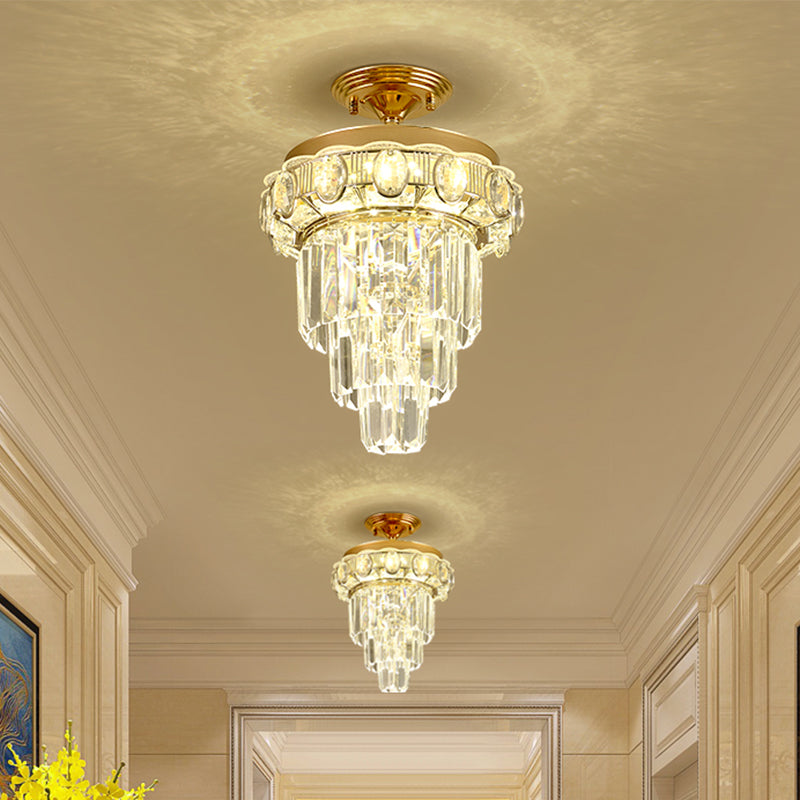 Taper Corridor Ceiling Lamp Modern Clear Crystal Blocks Gold Finish LED Semi Mount Lighting Clearhalo 'Ceiling Lights' 'Close To Ceiling Lights' 'Close to ceiling' 'Semi-flushmount' Lighting' 1418848