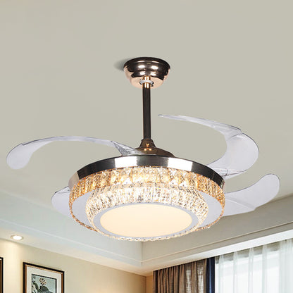 42" Wide LED Semi Flush Contemporary Round Rectangular-Cut Crystals 4 Blades Pendant Fan Lamp in Silver Silver Clearhalo 'Ceiling Fans with Lights' 'Ceiling Fans' 'Modern Ceiling Fans' 'Modern' Lighting' 1418909