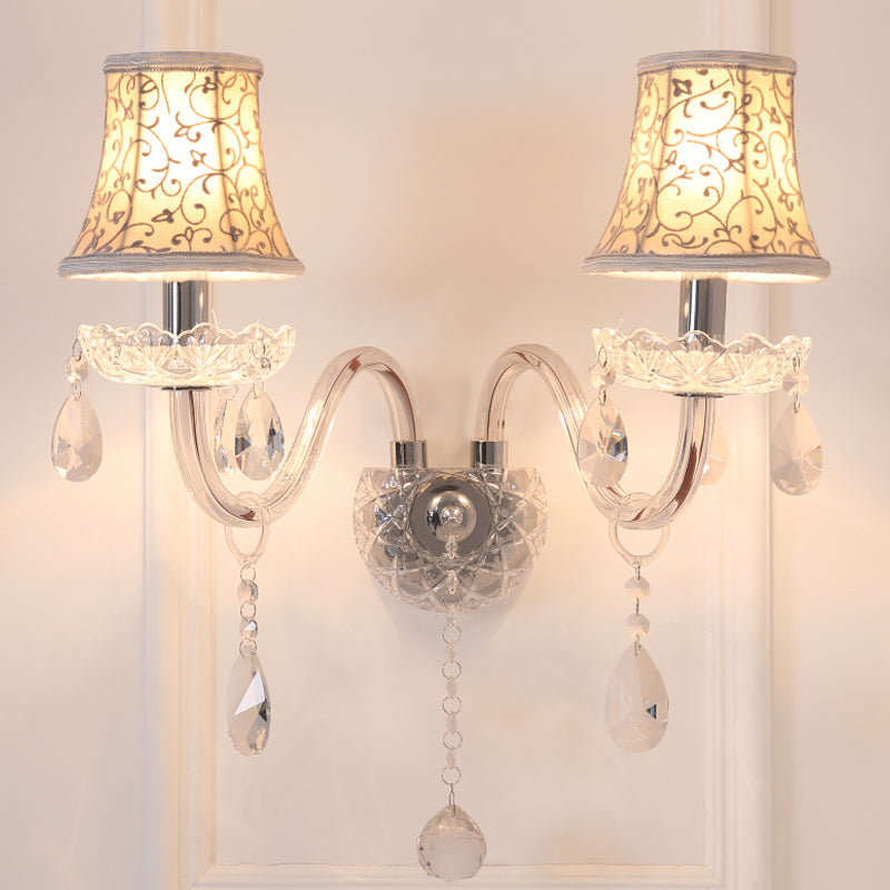 2 Heads Wall Sconce with Bell Shade Flower-Patterned Fabric Traditional Bedroom Wall Lamp with Crystal Droplets 2.0 Clear Clearhalo 'Wall Lamps & Sconces' 'Wall Lights' Lighting' 1418932