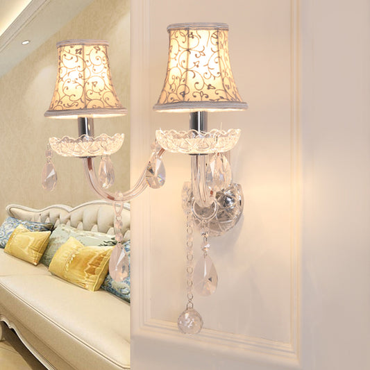 2 Heads Wall Sconce with Bell Shade Flower-Patterned Fabric Traditional Bedroom Wall Lamp with Crystal Droplets Clearhalo 'Wall Lamps & Sconces' 'Wall Lights' Lighting' 1418933