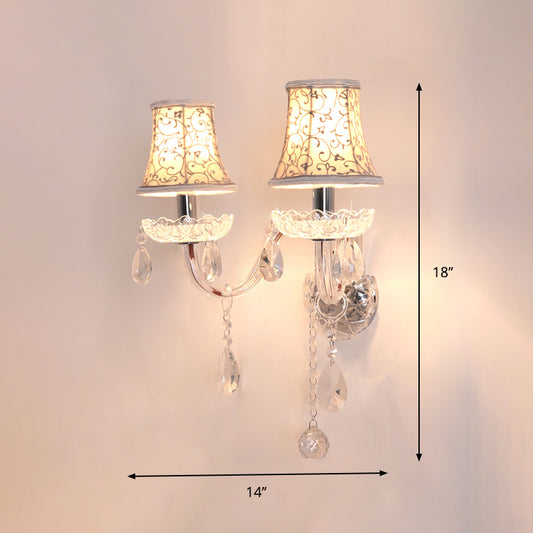 2 Heads Wall Sconce with Bell Shade Flower-Patterned Fabric Traditional Bedroom Wall Lamp with Crystal Droplets Clearhalo 'Wall Lamps & Sconces' 'Wall Lights' Lighting' 1418934