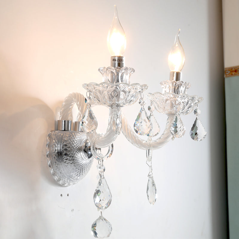 2 Bulbs Wall Lighting Contemporary Candelabra Clear Faceted Crystals Wall Sconce with Droplets Clear Clearhalo 'Modern wall lights' 'Modern' 'Wall Lamps & Sconces' 'Wall Lights' Lighting' 1418935