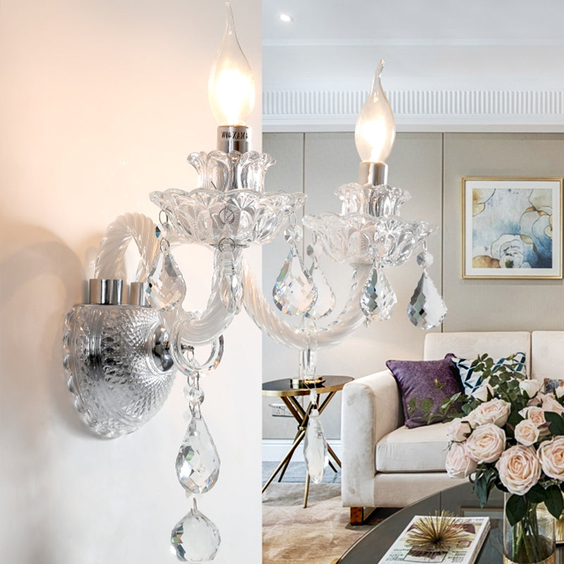 2 Bulbs Wall Lighting Contemporary Candelabra Clear Faceted Crystals Wall Sconce with Droplets Clearhalo 'Modern wall lights' 'Modern' 'Wall Lamps & Sconces' 'Wall Lights' Lighting' 1418936