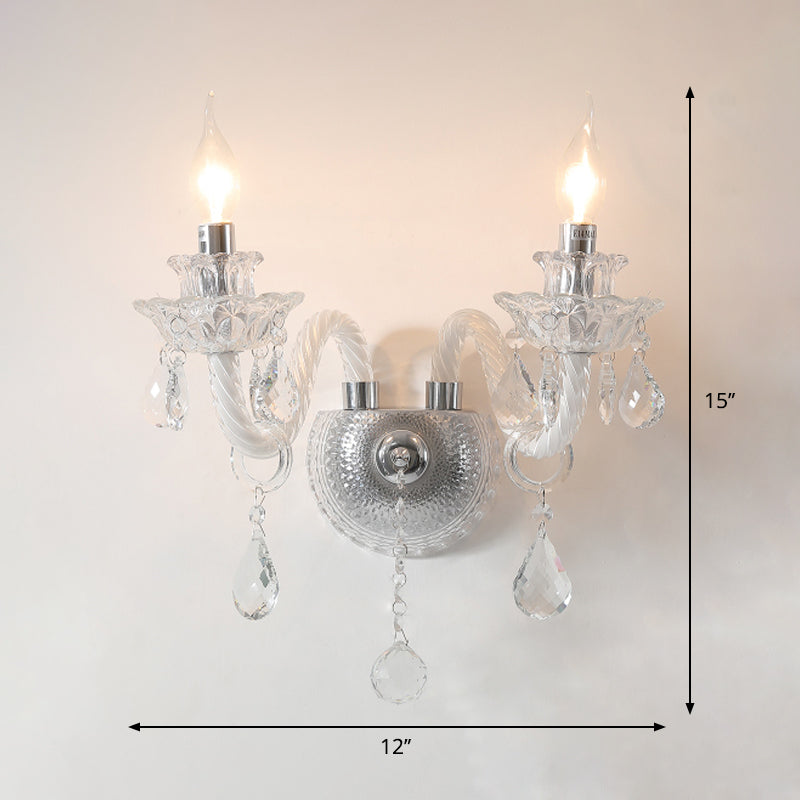 2 Bulbs Wall Lighting Contemporary Candelabra Clear Faceted Crystals Wall Sconce with Droplets Clearhalo 'Modern wall lights' 'Modern' 'Wall Lamps & Sconces' 'Wall Lights' Lighting' 1418938