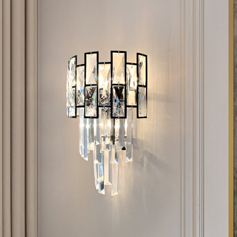 3 Heads Tapered Flush Mount Contemporary Black Finish Crystal Embedded Surface Wall Sconce Clear Clearhalo 'Modern wall lights' 'Modern' 'Wall Lamps & Sconces' 'Wall Lights' Lighting' 1418955