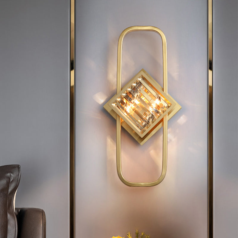 Gold 2 Bulbs Wall Lamp Modern Clear Crystal Blocks Square Wall Lighting with Rectangular Frame Gold Clearhalo 'Modern wall lights' 'Modern' 'Wall Lamps & Sconces' 'Wall Lights' Lighting' 1418965