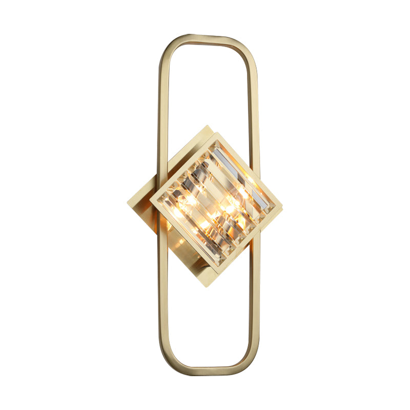 Gold 2 Bulbs Wall Lamp Modern Clear Crystal Blocks Square Wall Lighting with Rectangular Frame Clearhalo 'Modern wall lights' 'Modern' 'Wall Lamps & Sconces' 'Wall Lights' Lighting' 1418966