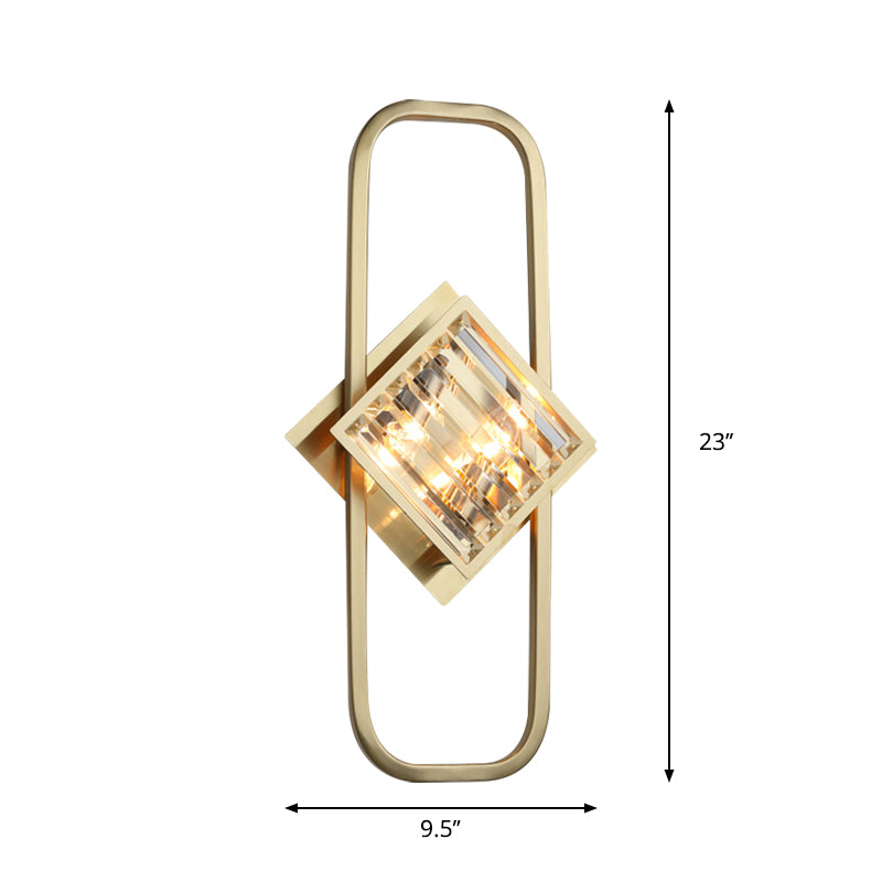 Gold 2 Bulbs Wall Lamp Modern Clear Crystal Blocks Square Wall Lighting with Rectangular Frame Clearhalo 'Modern wall lights' 'Modern' 'Wall Lamps & Sconces' 'Wall Lights' Lighting' 1418968