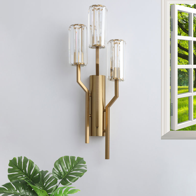 3 Bulbs Crooked Arm Wall Lamp Modern Gold Metal Wall Sconce with Crystal Cylindrical Shade Gold Clearhalo 'Modern wall lights' 'Modern' 'Wall Lamps & Sconces' 'Wall Lights' Lighting' 1418973