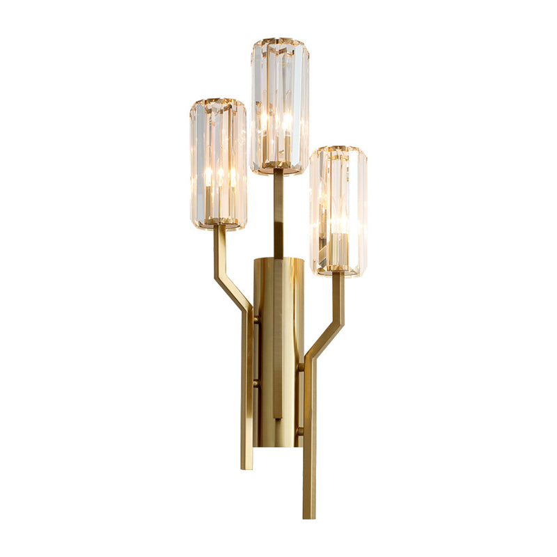 3 Bulbs Crooked Arm Wall Lamp Modern Gold Metal Wall Sconce with Crystal Cylindrical Shade Clearhalo 'Modern wall lights' 'Modern' 'Wall Lamps & Sconces' 'Wall Lights' Lighting' 1418974