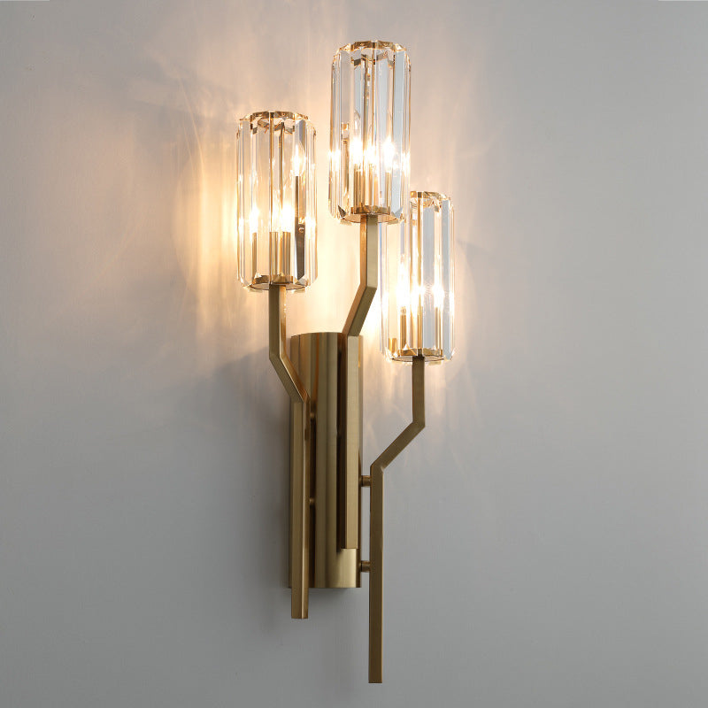 3 Bulbs Crooked Arm Wall Lamp Modern Gold Metal Wall Sconce with Crystal Cylindrical Shade Clearhalo 'Modern wall lights' 'Modern' 'Wall Lamps & Sconces' 'Wall Lights' Lighting' 1418975