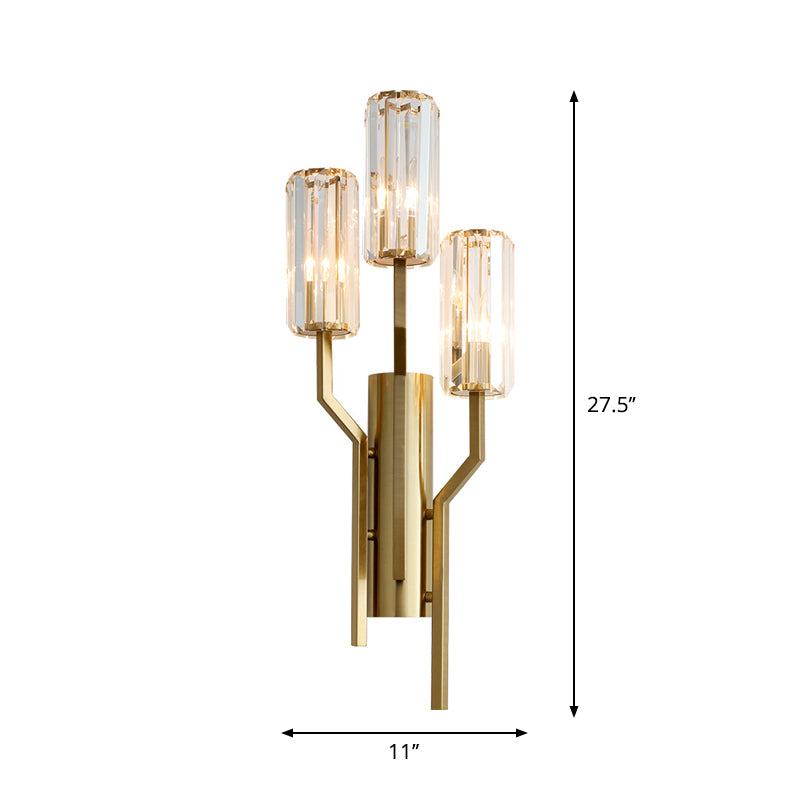 3 Bulbs Crooked Arm Wall Lamp Modern Gold Metal Wall Sconce with Crystal Cylindrical Shade Clearhalo 'Modern wall lights' 'Modern' 'Wall Lamps & Sconces' 'Wall Lights' Lighting' 1418976