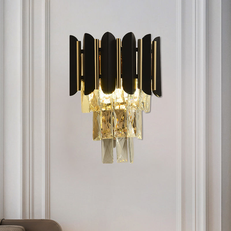 Black Finish 2 Heads Wall Light Fixture Modern Clear Faceted Crystals Tapered Flush Wall Sconce Black Clearhalo 'Modern wall lights' 'Modern' 'Wall Lamps & Sconces' 'Wall Lights' Lighting' 1418977